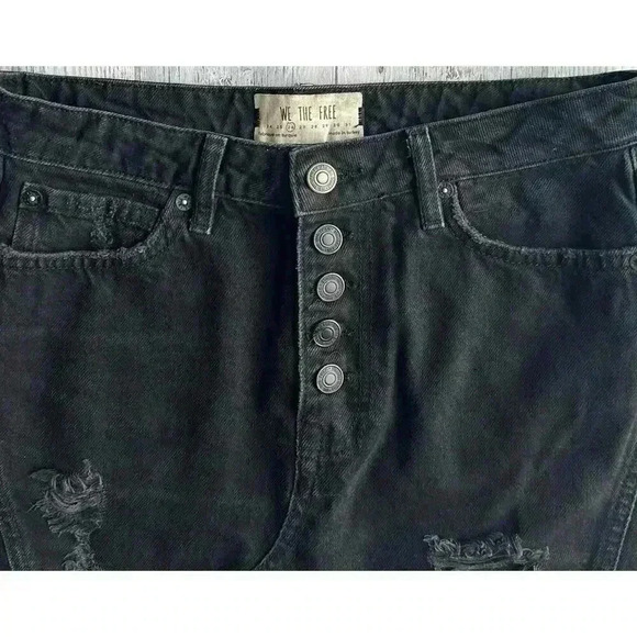 Free People Black Distressed Denim A-Line Mini Skirt Button Fly Sz 26 - Picture 5 of 7